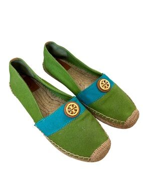 Tory Burch Beacher Flat Espadrille Canvas Shoes Size 7 Leaf Green